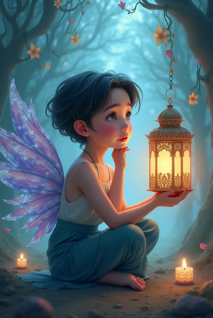 Recreate this character in a different pose while holding a ramadan lantern and staring at it in wonder