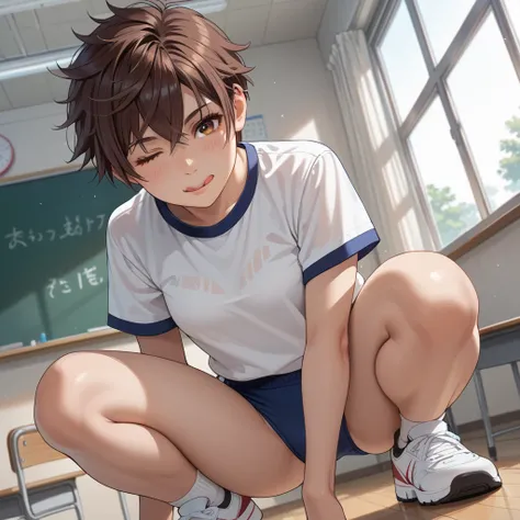 ((Tomboy)),((one girls with very short hair)),((Dark brown hair, very short hair)),brown hair,short ponytail,brown hair,brown eyes,jitome gym uniform, white shirt,blue buruma, classroom, masterpiece, best quality, bokeh, cute,{{:q, licking lips, one eye cl...