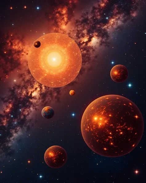 Full, uncut, multidimensional picture of the eldest solar system in the whole space, the first born at the very beginning of the universe, surrounded by spheric congregation of dark starts and burning asteroids, where six volcanic planets crawling around i...