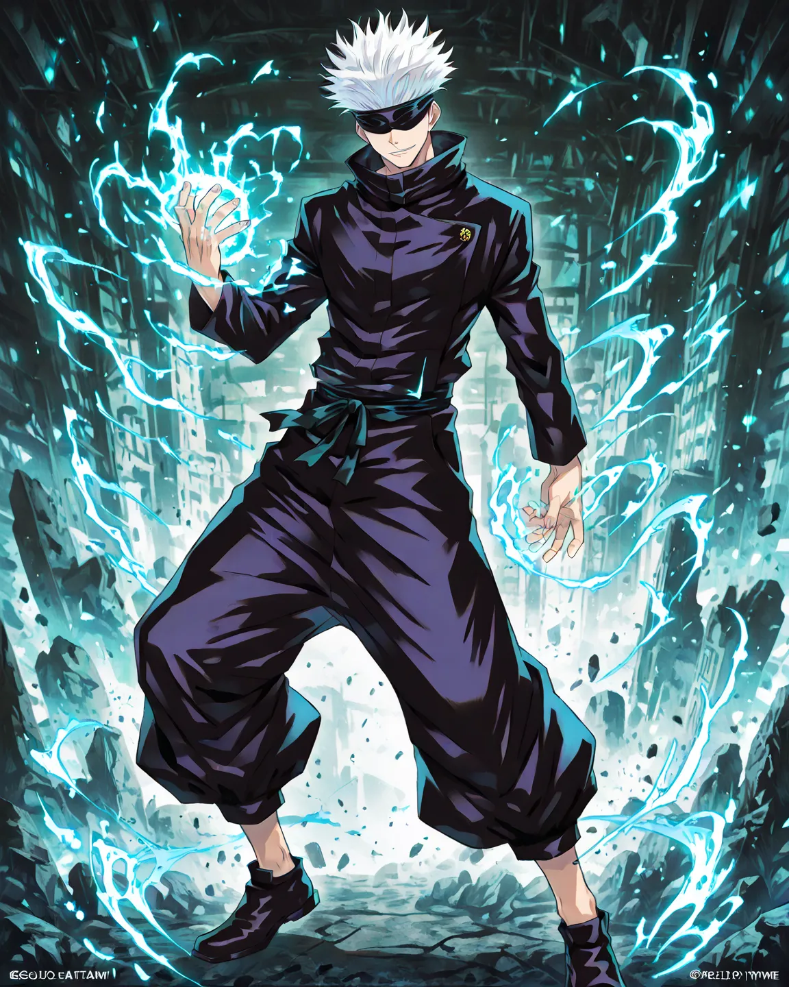 (full body shot ),Gojo Satoru, Jujutsu Kaisen, Gege Akutami style, white hair, blindfold,calm expression, confident demeanor, detailed hands,hand gestures, glowing energy ,masterpiece, best quality, highly detailed, ultra-detailed, sharp focus, 8k resoluti...