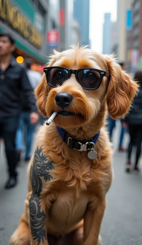 The dog wore solid sunglasses, tattooed on his left arm with a dragon print and was sucking a cigarette in Hong Kong city.