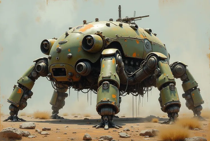 concept art, Clockworkspider tank walker from the First World War . Oil painting on trend, muted colors, slate tones, brush strokes, puffy marks, hydraulics, sharp areas next to smooth areas, dark next to light, soft next to hard, explosion of colorful pai...