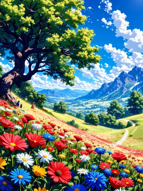 Flower fieldClear sky, view under the tree, look down, there are mountains, in front of the beautiful blooming grassland, bright colors, good weather,Bright colors, beautiful blooming flowers