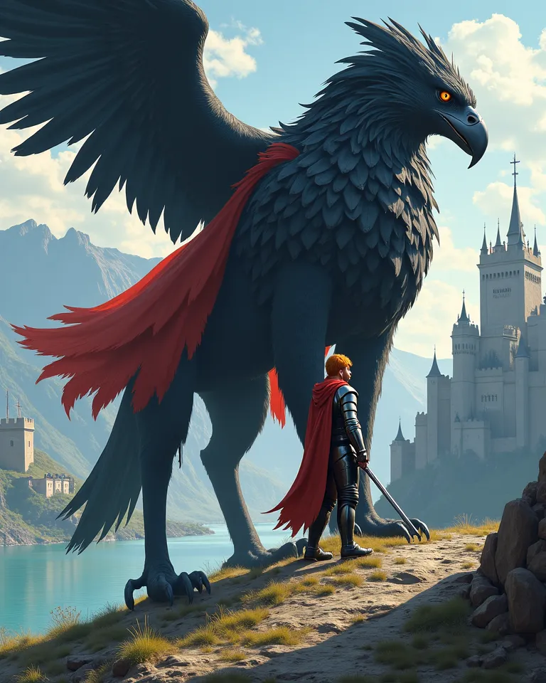 Medium-tall red-haired man with short hair and short beard blue eye Templar armor with a sword walking to the castle red cape mounted on top of the griffin that has the body of a lion and the head of a giant black eagle with black wings near an immense riv...