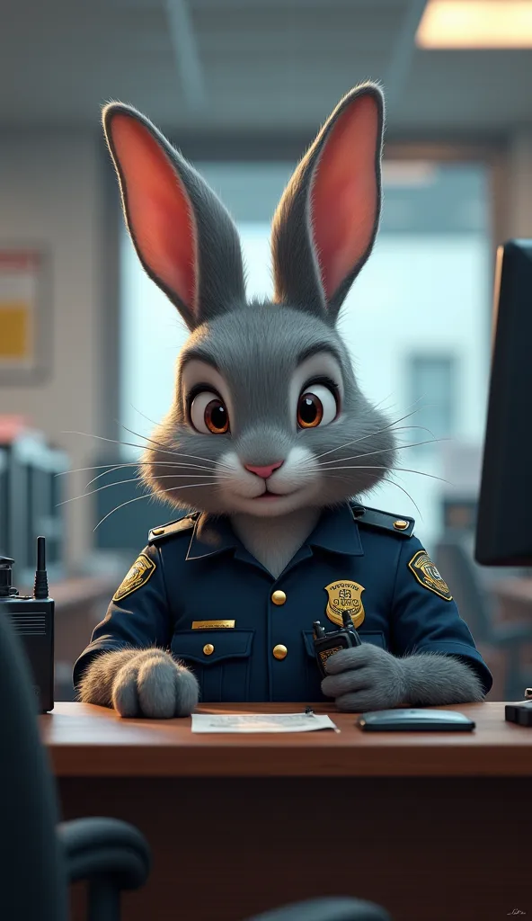 The police gray rabbit sits at the desk in the police station, Rabbit quickly holds the walkie-talkie, pops up to hear the message, ears erect due to stress.