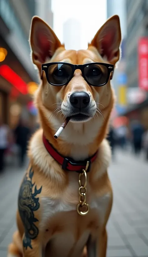 The dog wore solid sunglasses, tattooed on his left arm with a dragon print and was sucking a cigarette in Hong Kong city.