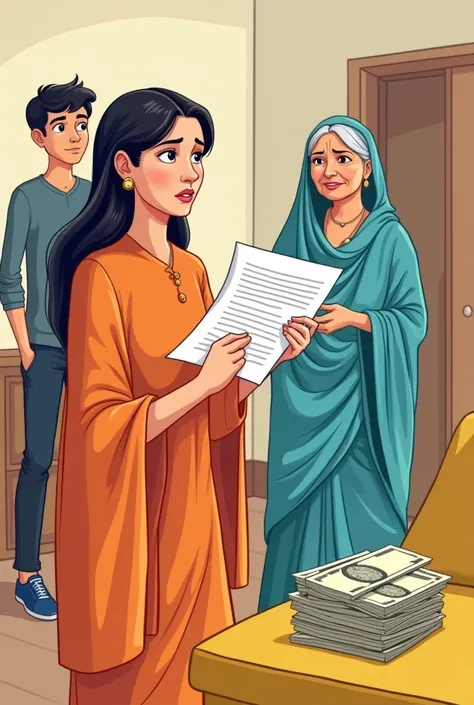 "A cartoon illustration for a Hindi YouTube thumbnail. A young woman in an orange salwar kameez holds a legal contract, looking concerned. An older woman in a blue saree smiles slyly. A young man stands beside her. Stacks of Indian rupee notes are on a yel...