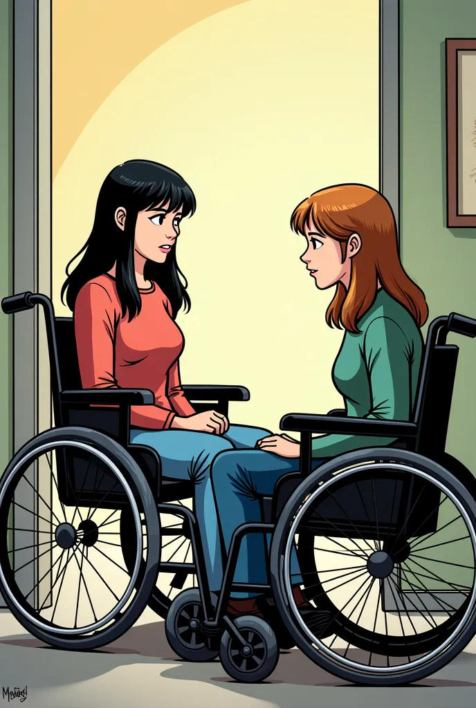 Comic book panel of: showing a woman in a wheelchair talking to another woman in a wheelchair, mckadesinsanity,  Trending on pixiv , underground cartoon, Sitting in wheelchair , (Webtoon), One panel comic style , Years later , Heavy metal comic style , Web...