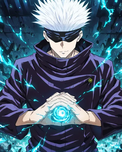 (body shot ),Gojo Satoru, Jujutsu Kaisen, Gege Akutami style, white hair, blindfold,calm expression, confident demeanor, detailed hands, glowing energy ,masterpiece, best quality, highly detailed, ultra-detailed, sharp focus, 8k resolution, intricate detai...