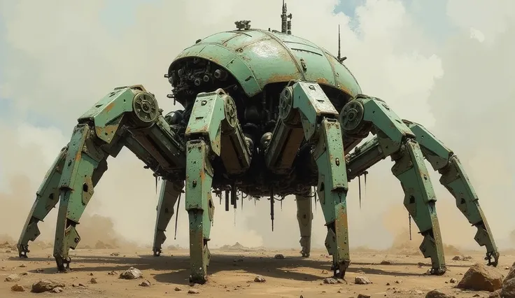 concept art, Clockworkspider tank walker from the First World War . Oil painting on trend, muted colors, slate tones, brush strokes, puffy marks, hydraulics, sharp areas next to smooth areas, dark next to light, soft next to hard, explosion of colorful pai...