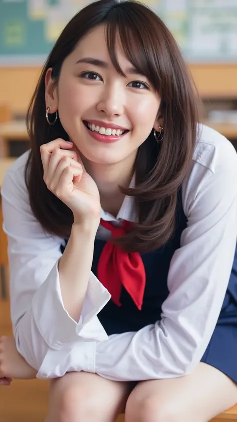  big smile,Sailor uniform (long-sleeved white sailor-coloured shirt, red neckerchief, navy blue pleated skirt),face close-up,classroom,one beautiful woman,Forward bendingみ, forward leaning posture,Forward bending, Chest Valley,Between the breasts,Upper bre...