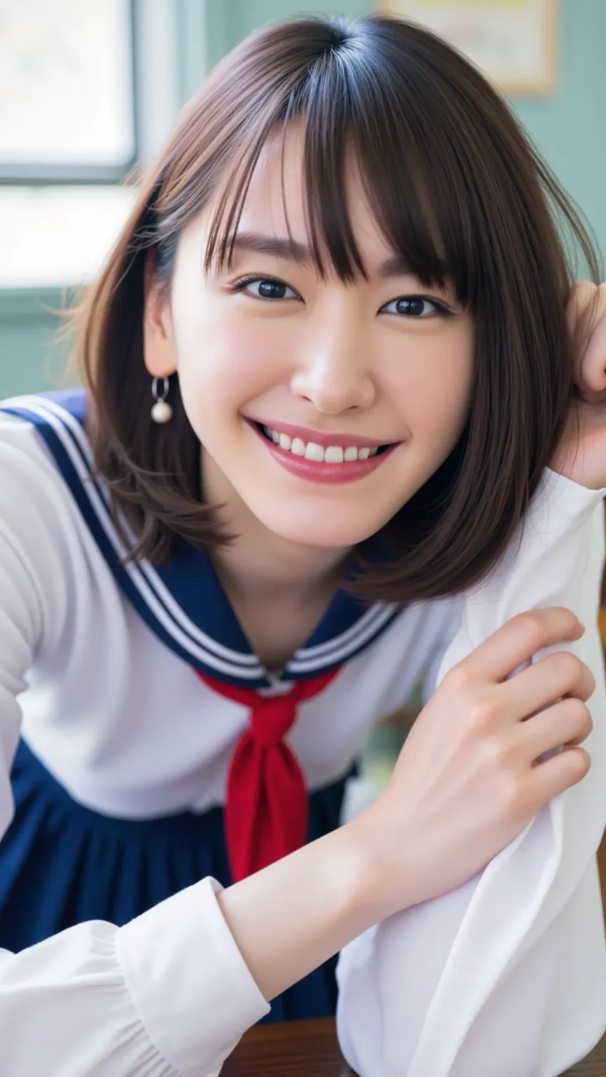  big smile,Sailor uniform (long-sleeved white sailor-coloured shirt, red neckerchief, navy blue pleated skirt),face close-up,classroom,one beautiful woman,Forward bendingみ, forward leaning posture,Forward bending, Chest Valley,Between the breasts,Upper bre...