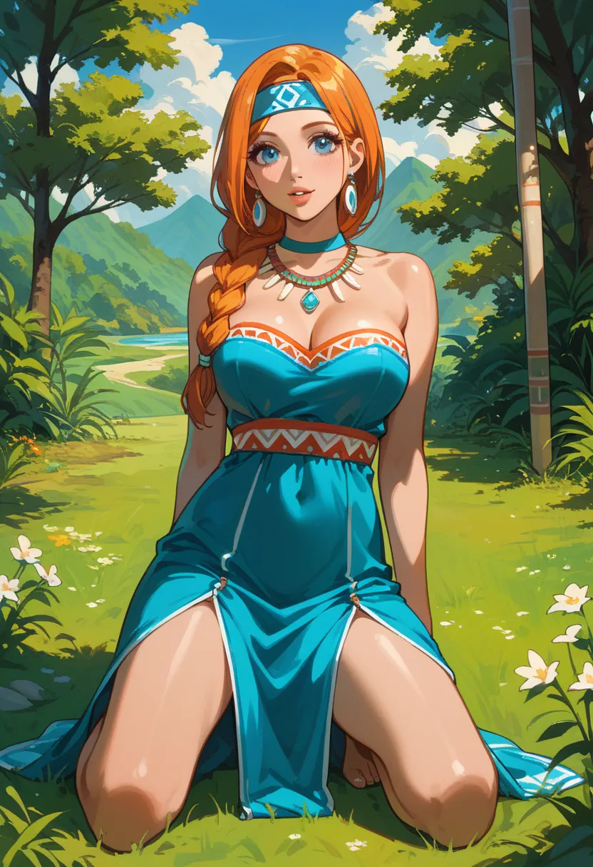 score_9, score_8_up, score_7_up,1girl, solo, bimbo,Orihime Inoue, \(artist\, @doughroomn, braided hair, orange hair, blue eyes, native american dress, kneeling,totem pole, slim, outside, blue eyes,headband,light skin, native american