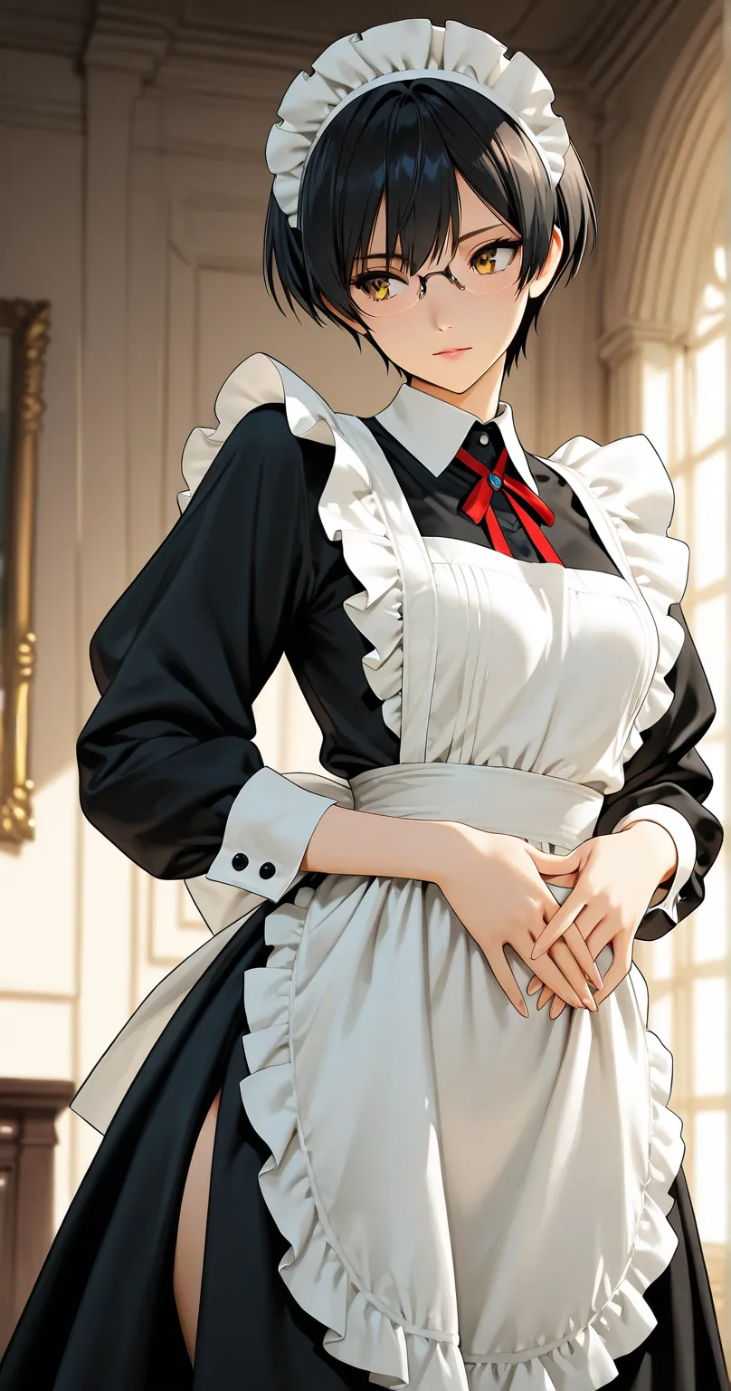 insanely detailed,
She is beautiful.
looking away,
Alluring mystique,  Pink Lips,

She is standing,
Natural posing, Head tilt, 
slender, small breasts
She wearing a Edwardian Maid apron dress, minimal frills, Maid apron, Maid headdress, Mary Jane shoes, (b...