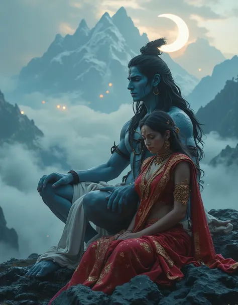 (((Back view))) Lord shiva ((blue skinned, matted black hair, full length white dhoti)), holding his trishul (( Trident)) , sitting with hindu Goddess Parvati ((fair skinned, red saree with gold embroidered, full sleeve aesthetic blouse, aesthetic clothes,...
