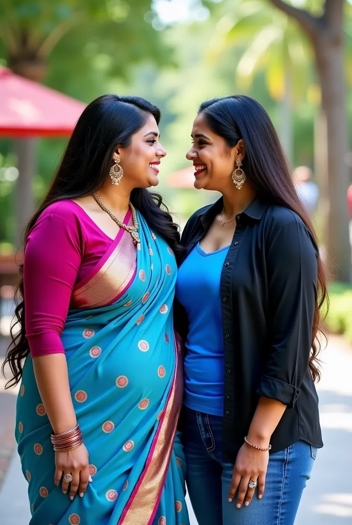 A 28 year old indian busty women ((Large breast)) wears Blue printed Saree with long sleeve Dark pink blouse and other 28 year old indian Busty women ((Large breast)) wears Black open Shirt with Blue Tshirt and Denim jeans and Both Kissing in resort, High ...