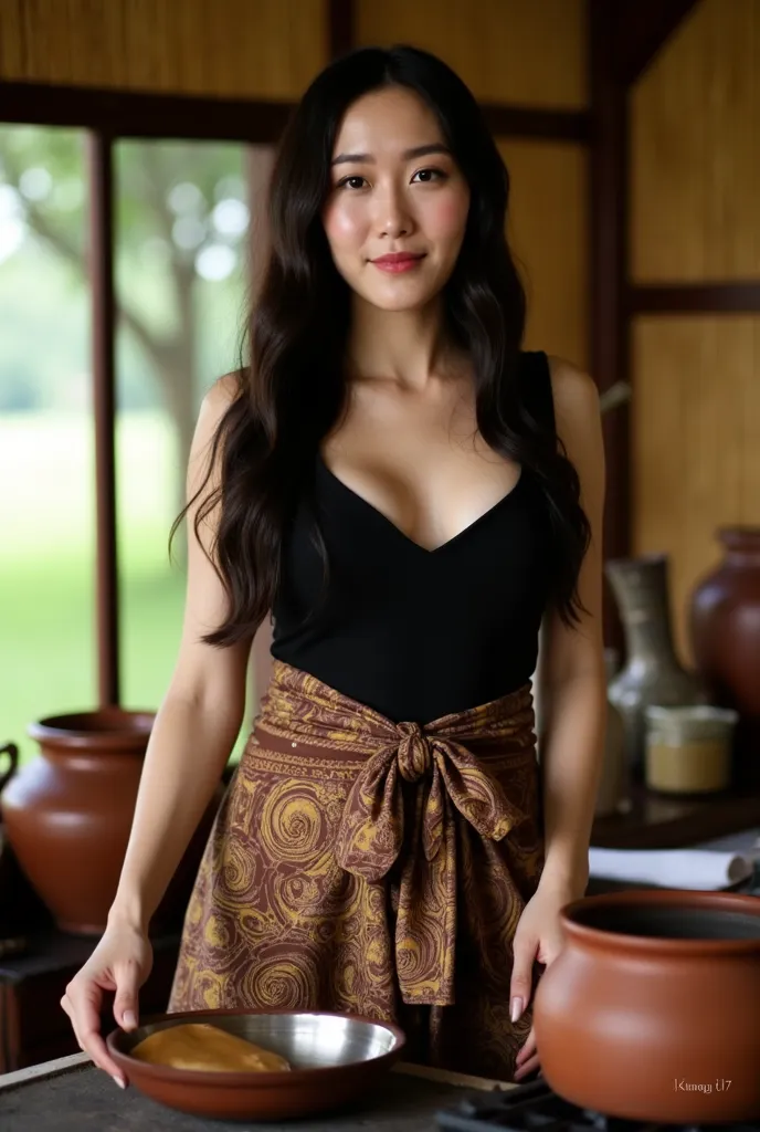 "A stunning Korean woman with fair skin and long, flowing black hair, wearing a black lowneck tank top and a brown batik sarung tied around her waist. She is cooking in a traditional Indonesian kitchen, standing near a clay stove with a wooden spoon in her...