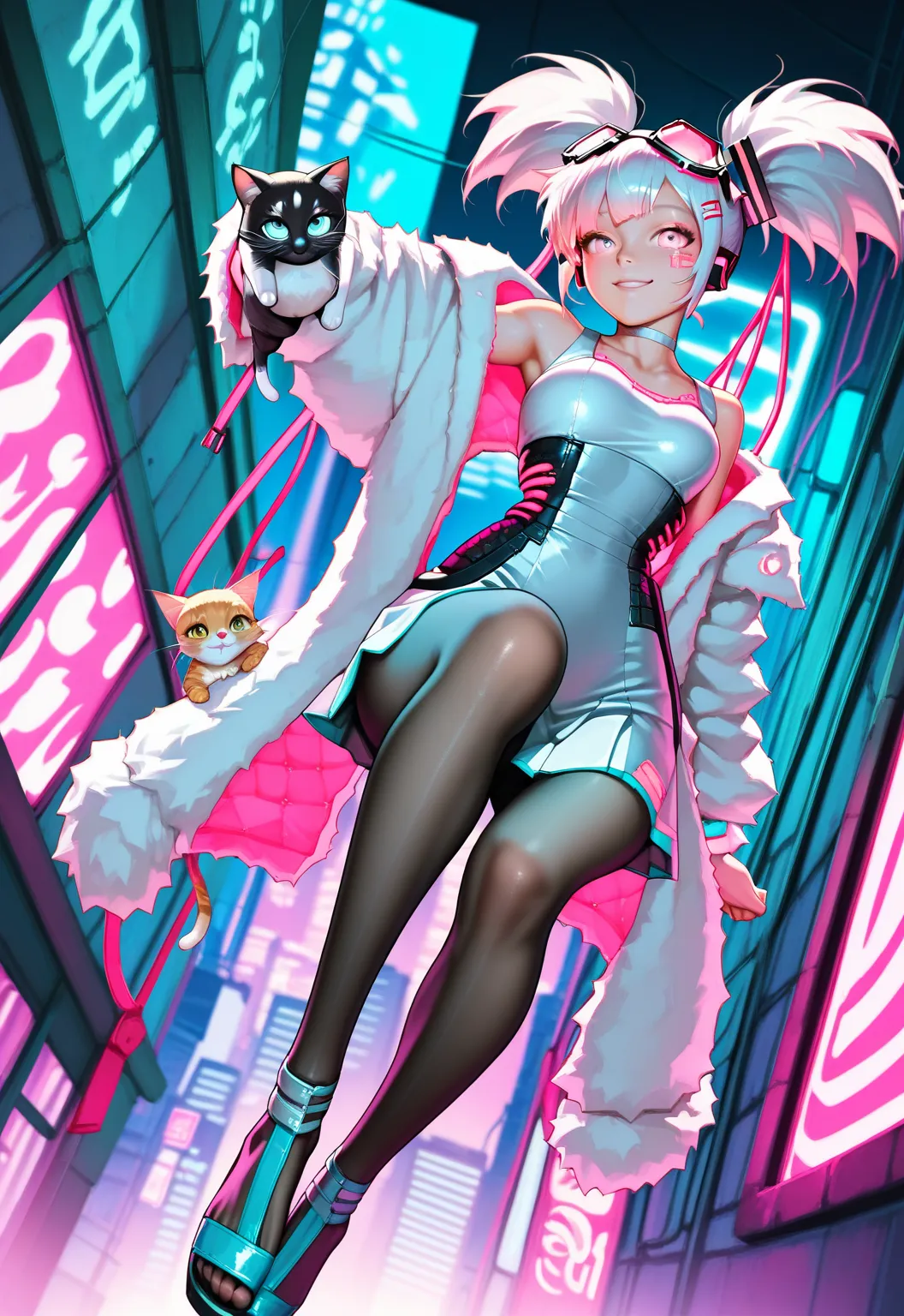   Hatsune Miku, ,long hair,twin tails from above , chest,  pink eye,  video viewers ,hip vent ,hair clips, bangs, Tying up hair ,  Sandals on the skin  , choker, big goggles on the head,kitten, Future Neon City,White clothes ,dynamic pose,smile, Gold,kitte...