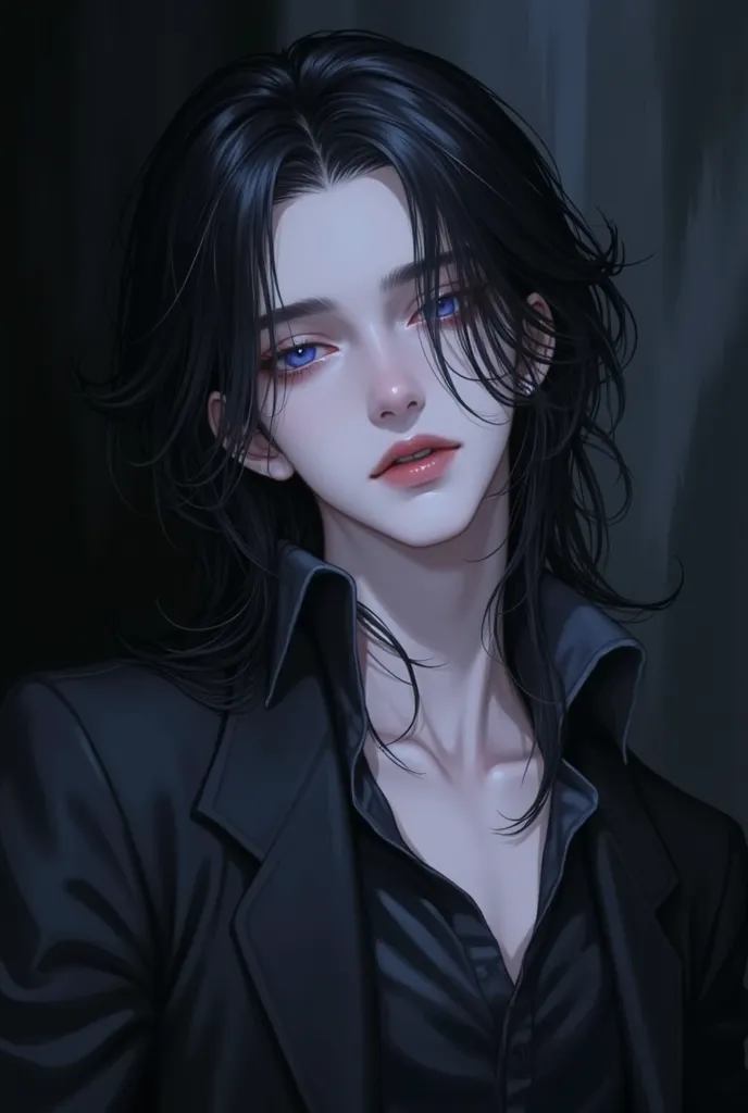  The Beautiful Darkness of One Person in the Tattered Anime Has Fallen Bad Slytherin full body Boy、 midnight、dark illustrations、20 years old、 black hair, blue eyes, Japan-Korea half、Smoothly drawn、Softly drawn、Black long hair、 handsome and arranged hair 、C...