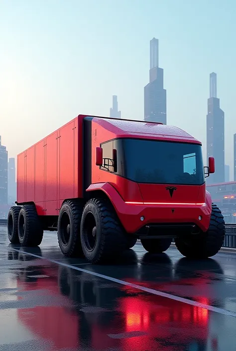 Ultra-realistc, futuristic Tesla truck with big wheels all red and blue Windows 