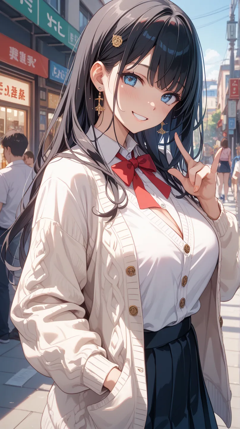 1 girl ,  blue eyes,   black hair, long hair, bangs, , white cardigan, black miniskirt,  red ribbon, orange list scrunchy, Sexual smile、 Bitch、prostitution、masterpiece:2, High Resolution、high image quality、High Resolution、8k, anime style、 shiny skin with y...