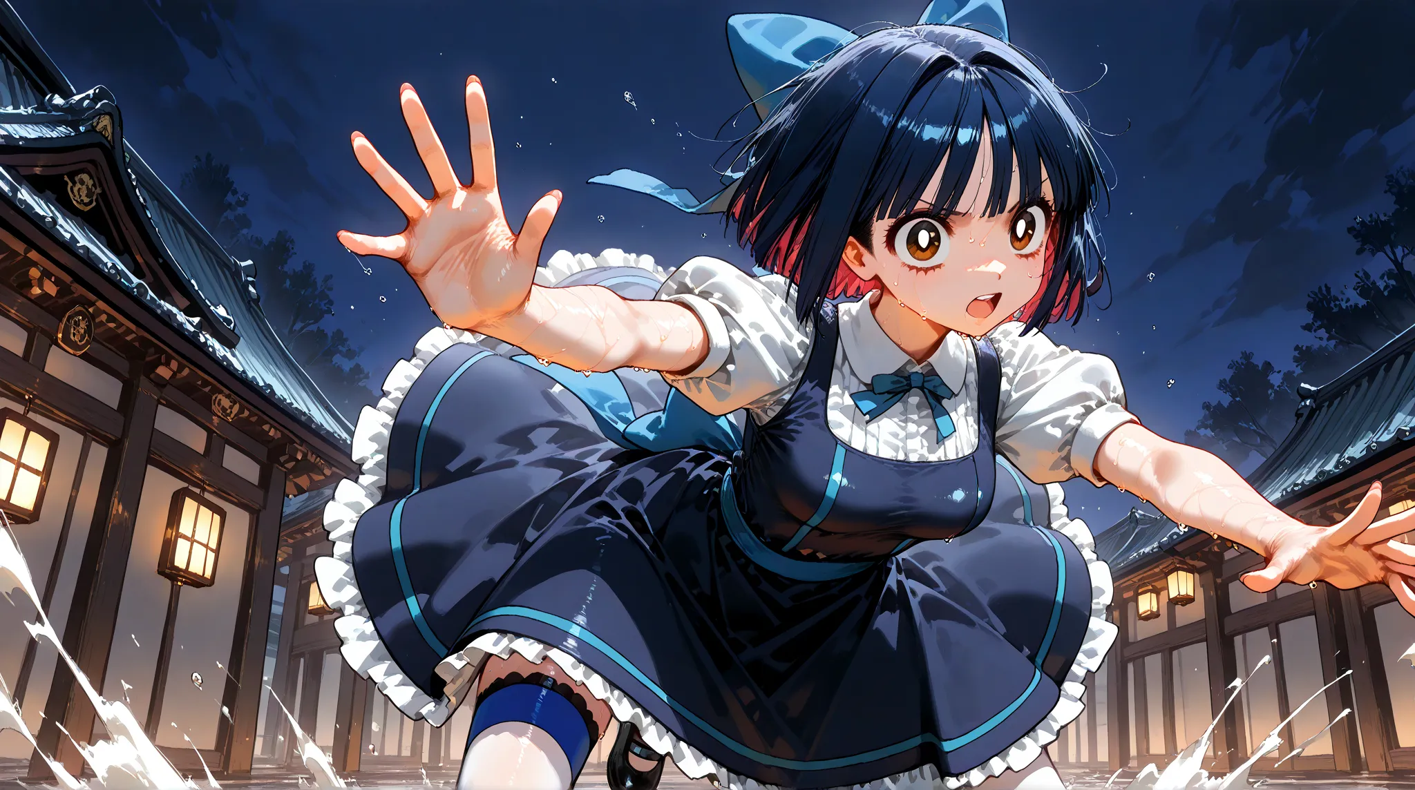 (AkaneTendouRXL, 18years, big eyes, brown eyes, dark blue hair, short hair, bangs, medium breasts, shirt collar, white shirt, blue dress, short sleeves, puffy sleeves, white stockings, black shoes),(sweaty), (dramatic action, dynamic pose, sexy pose), figh...