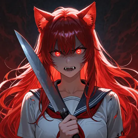 long hair, 1 girl, solo, smiles, opens her mouth, tooth, Cat ears, red eyes, toothが尖っている, is angry, knife、Bizarre