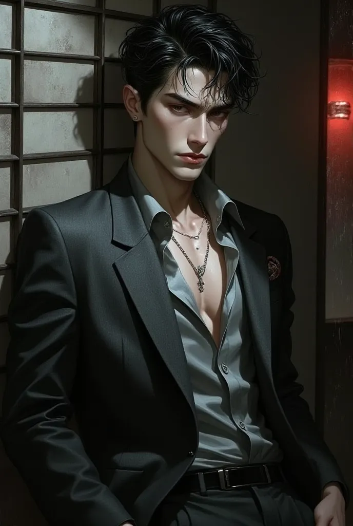 "Create a semi-realistic anime-style portrait of Kazuo Takahashi, asian, 38years old, looks old, blending watercolor textures with dark, moody tones. He has sharp, angular features with high cheekbones, a strong jawline, and piercing dark eyes that exude i...