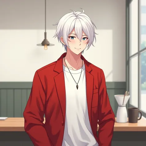 . The man in the anime is ใส่เสื้อยืดสีขาว,Wear red jacket, white hair ,  with a small necklace,  , Korean style white coffee shop background