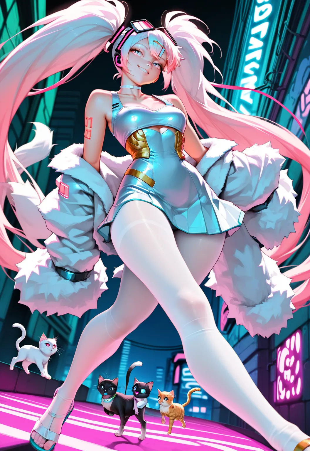   Hatsune Miku, ,long hair,twin tails from above , chest,  pink eye,  video viewers ,hip vent ,hair clips, bangs, Tying up hair ,  Sandals on the skin  , choker, big goggles on the head,kitten, Future Neon City,White clothes ,dynamic pose,smile, Gold,kitte...