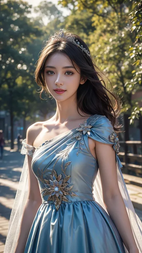 8K, UHD, Masterpiece, extreme quality, 1 girl, good face, detailed eyes, very long hair, detailed lips, small breasts, detailed empress fantasy dress, blue thread dress, ((thread dress:1.4)), lace, (bare one shoulder:1.5), flowing sardine, beautiful fantas...