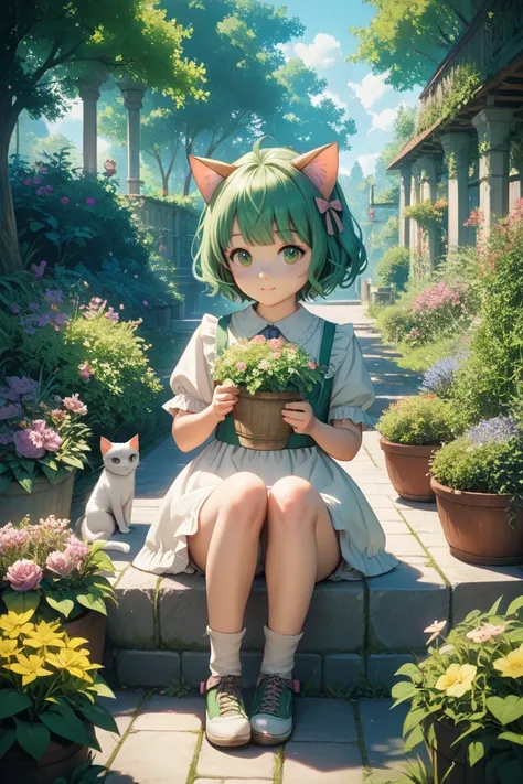 Short-haired girl with green hair and cat ears