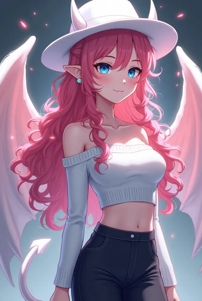 Adult anime girl with long curly pink hair, blue eyes, white cropped off shoulder sweater, white fedora with white devil horns, white and pink demon wings and a white demon tail and long black pants