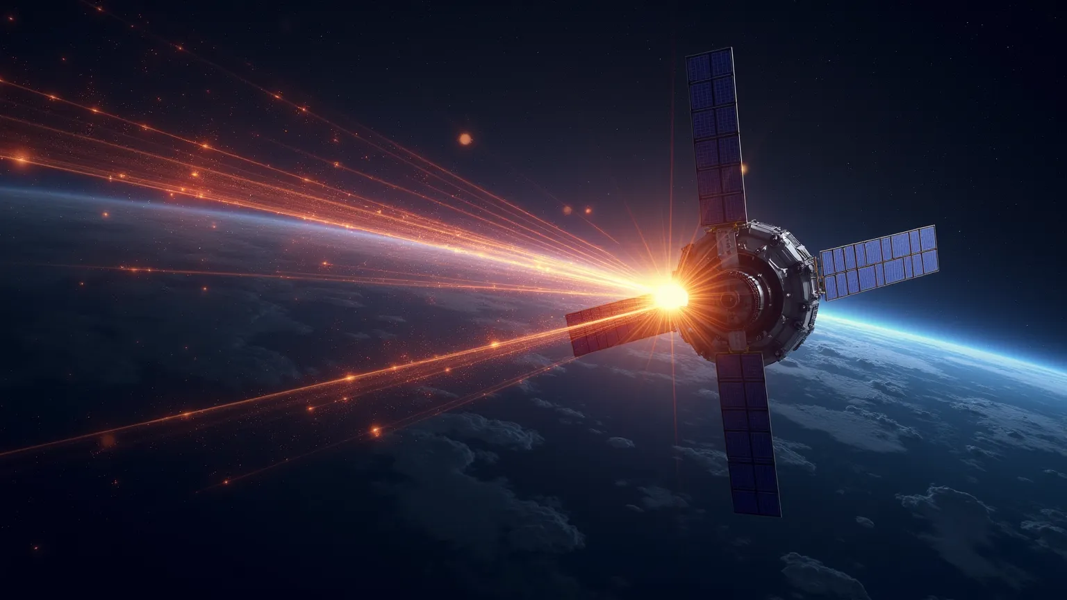 Design realistic images of the energy challenges in space, combining images of satellites equipped with solar panels with images showing the transmission of laser energy, to provide diagrams or icons indicating the transformation of solar energy into elect...