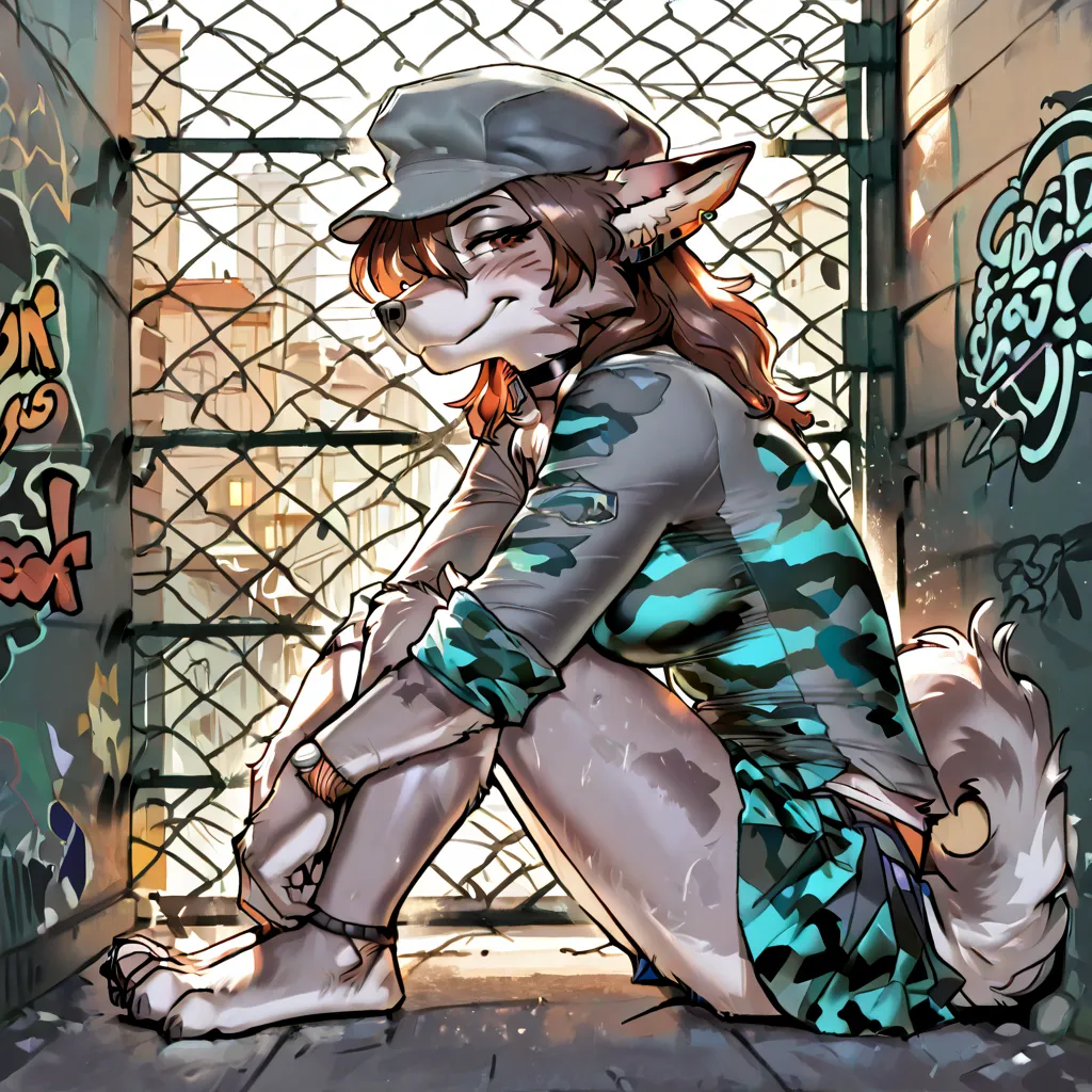 masterpiece, t-shirt, absurd resolution, anthropo, an anthropo furry female wolf, brown hair, contrasting camouflage, Brown Eyes, black nose,  ear piercings , Collar tufts, medium breasts, wearing gray hat, dark gray long sleeve shirt, loose gray shirt,  s...