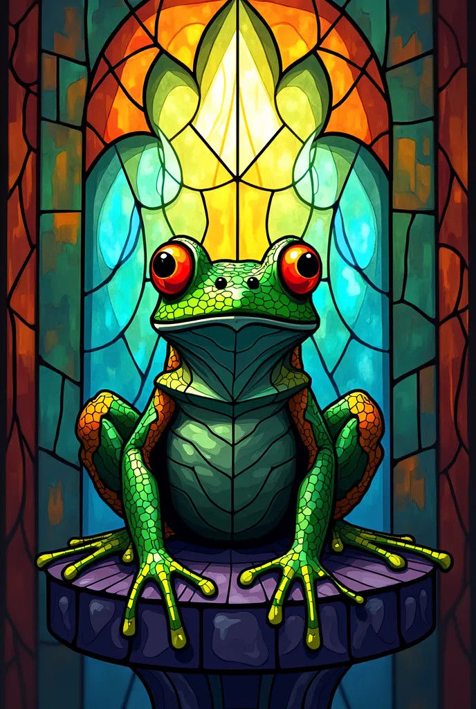 a close up of a Stained Glass window with a Frog on it, Stained Glass style, Stained Glass art, Stained Glass!!, Frog themed, Stained Glass, Stained Glass,  inspired by Pascal Blanchet, psychedelic Frog, green Stained Glass, Stained Glass tarot style, Insp...