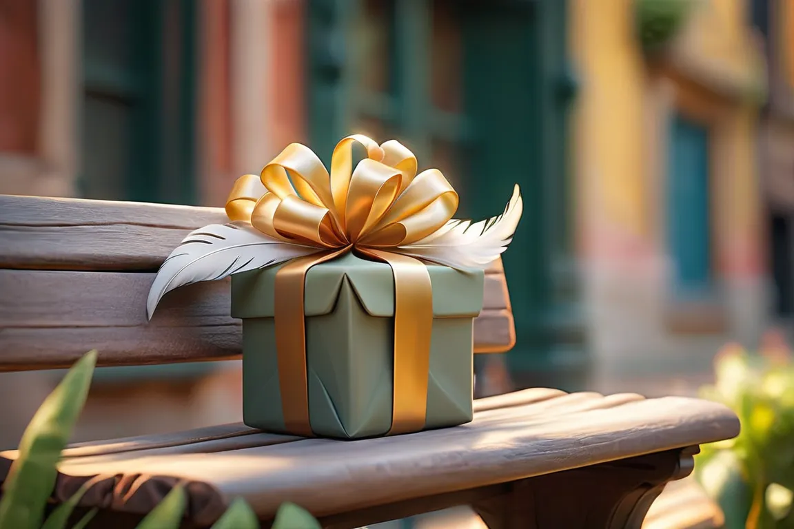 A gift on a bench in a square, feathers floating arround.