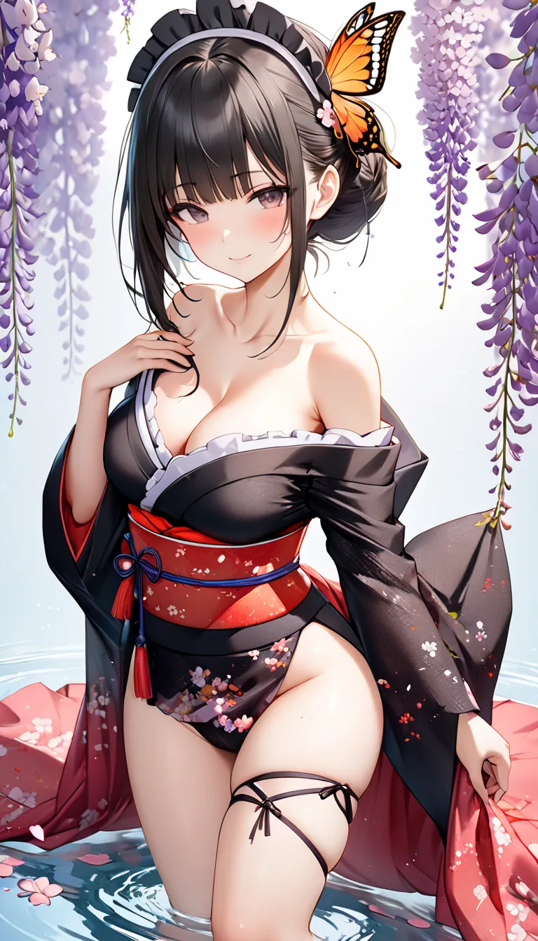 ((black hair short、bangs))（Height: 160cm、sexy body）（Outfit color description（(Cherry blossom petals are scattered on the cherry blossom pink fabric, and a light blue running water pattern is applied to the hem and sleeves.) (Black accents are used on the o...