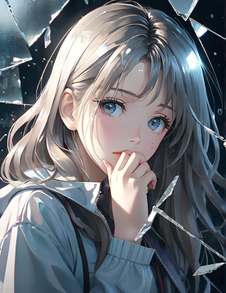 ( anime style:1.4),超High Resolution,  Attention to Details , high quality, High Resolution, 最high quality, 4K, 8k,posters、 artwork、 famous artist's work 、 Stylish and Cool Work、 Girl Reflected in Broken Glass 、front view、face、 Put Your Right Hand on Her Ch...