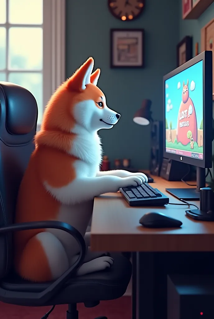 Akita Inu playing video game in front of a computer. The Akita Inu has a white and red coat