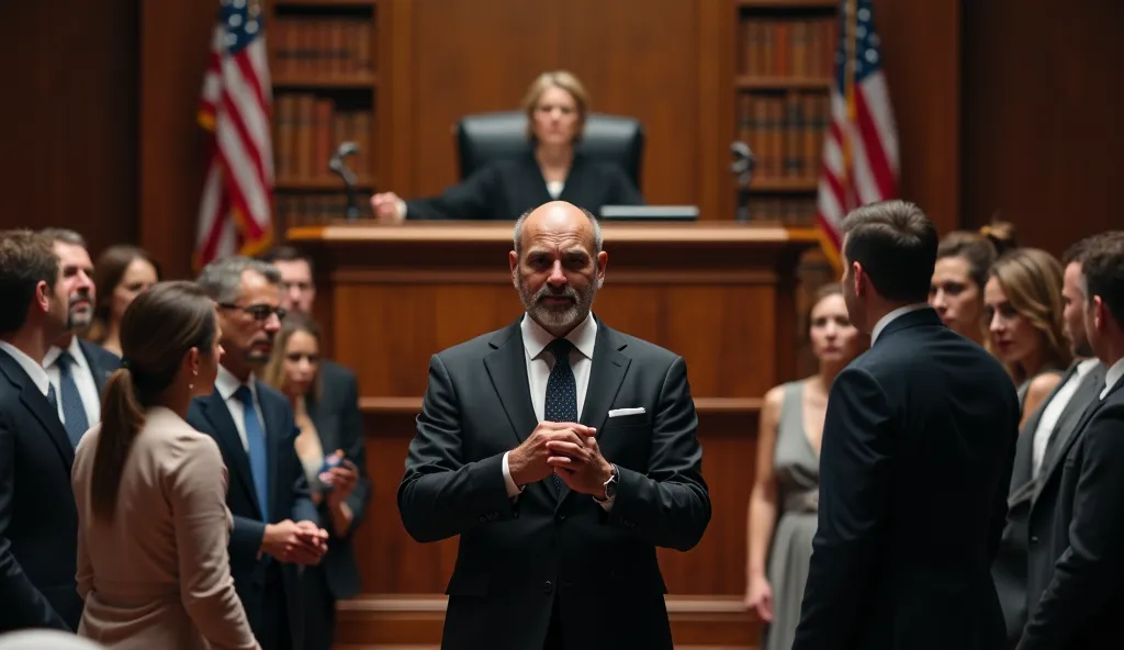 A dramatic courtroom scene with a powerful female judge in a black robe, sitting behind a large wooden bench, delivering a stern verdict. In the foreground, a wealthy businessman in a sharp suit stands shocked, his hands clenched into fists, his face pale ...