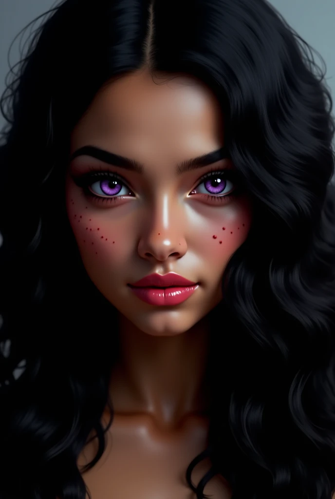 Create an image of a young woman with violet eyes long black wavy curly hair, straight and thick eyebrows,  plump lips, an upturned nose and brown skin