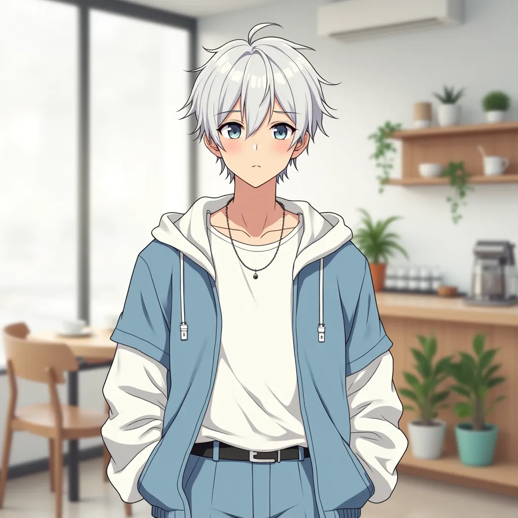 . The man in the anime is ใส่เสื้อยืดสีขาว,Wear a light blue white hair jacket ,  with a small necklace,  , Korean style white coffee shop background