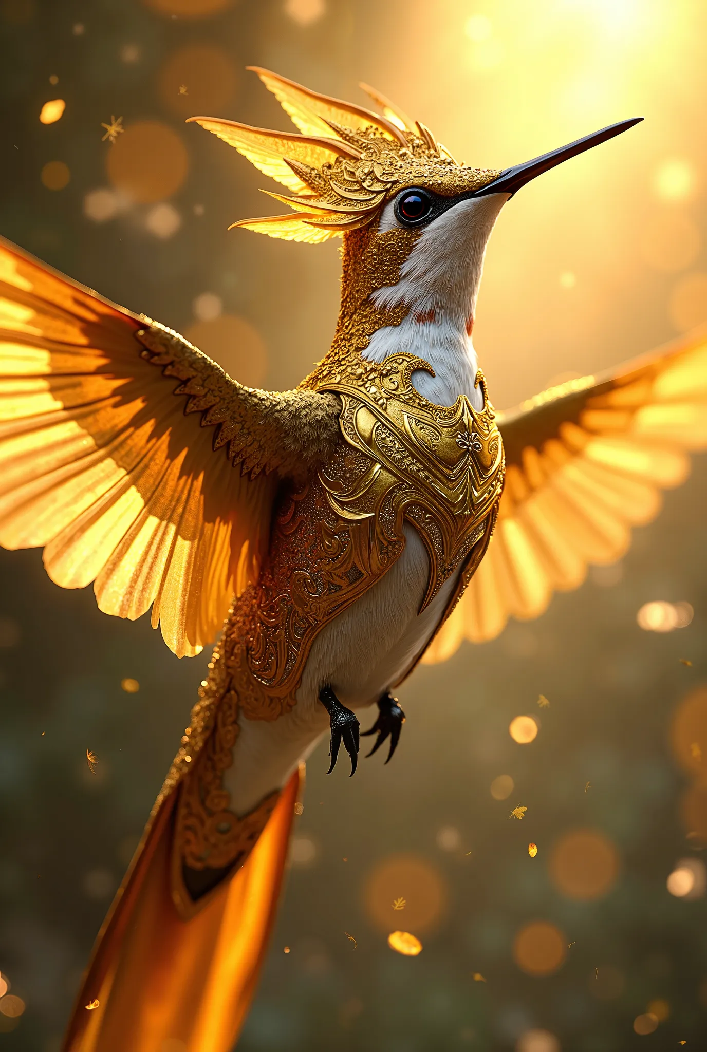 Hummingbird in heavenly golden warrior armor 