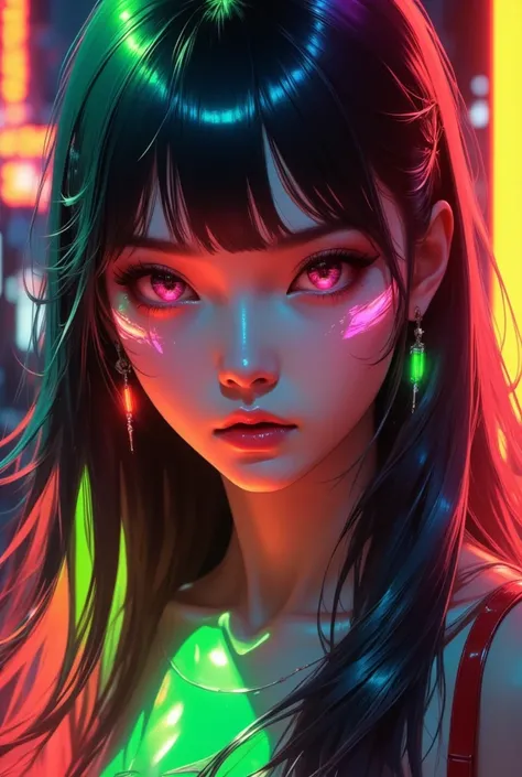 A woman with long, dark hair that appears to be partially illuminated by vibrant neon lights. Her face is the focal point of the image, with her features highlighted by a mix of red and green lighting. The light creates a striking contrast, casting intrica...