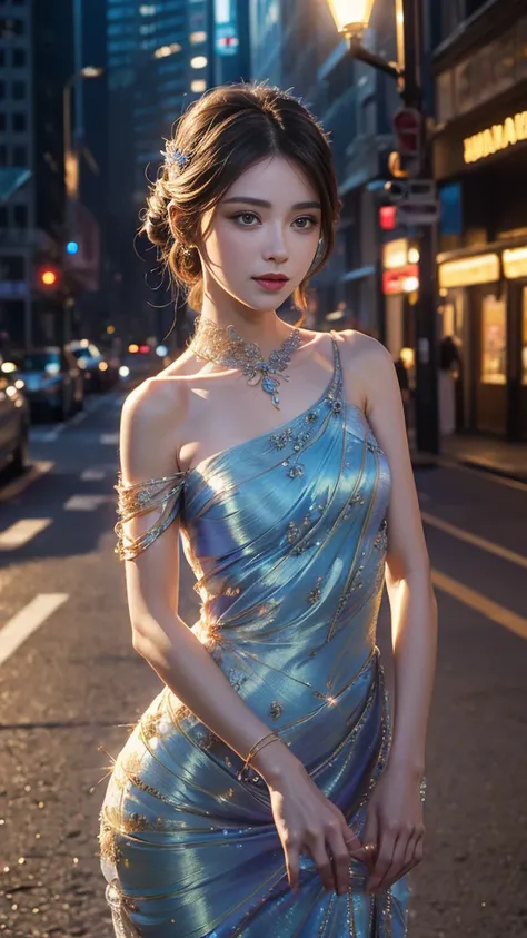 8K, UHD, Masterpiece, extreme quality, 1 girl, good face, detailed eyes, very long hair, detailed lips, small breasts, detailed empress fantasy dress, blue thread dress, ((thread dress:1.4)), lace, (bare one shoulder:1.5), flowing sardine, beautiful fantas...