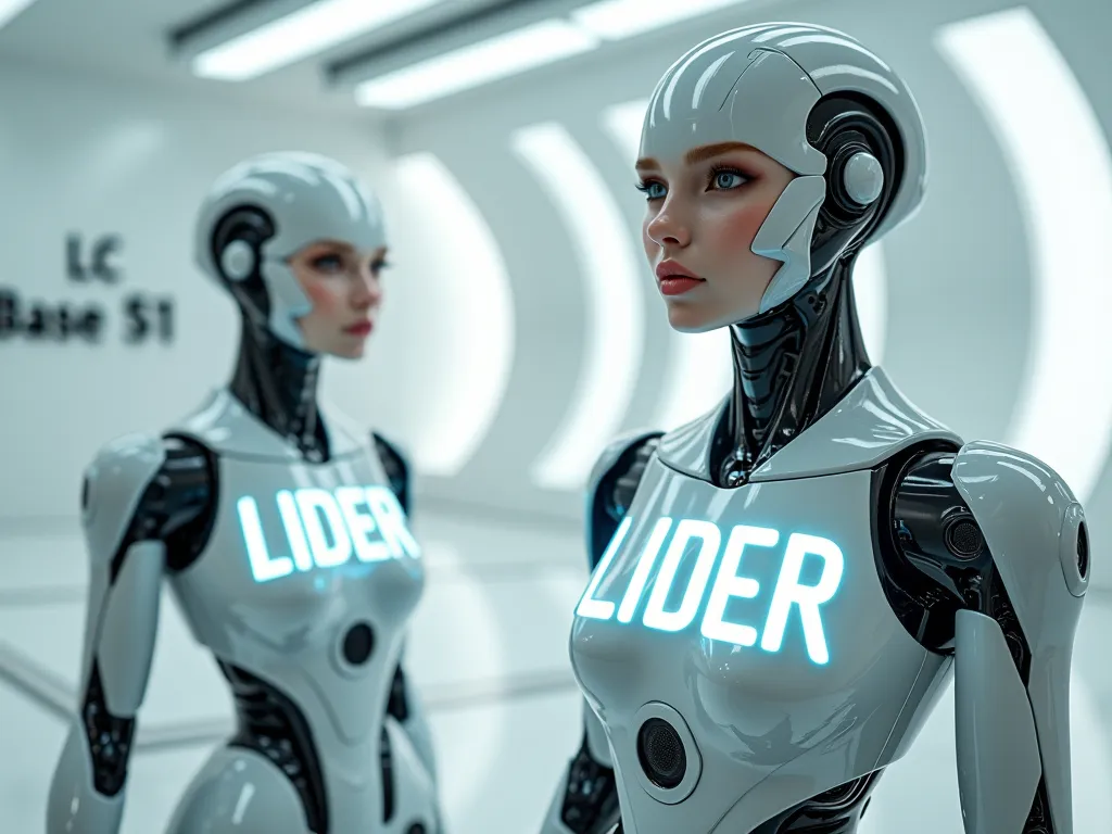 These are humanoid robots with a girl's face. The room has the name of the plant - LC BASE 51. On the robotic bodies, the 3d inscription “LIDER ROBOTS”, glows and is illuminated from the inside.