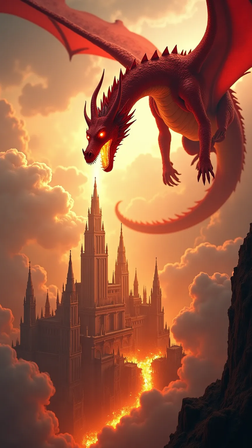 heaven main city is in main view and its burning , massive sky piercing white marble stone structure placed across the image smoking  , fire everywhere from super realistic high pigmentation Large red dragon with red wings and yellow glowing eyes flying on...