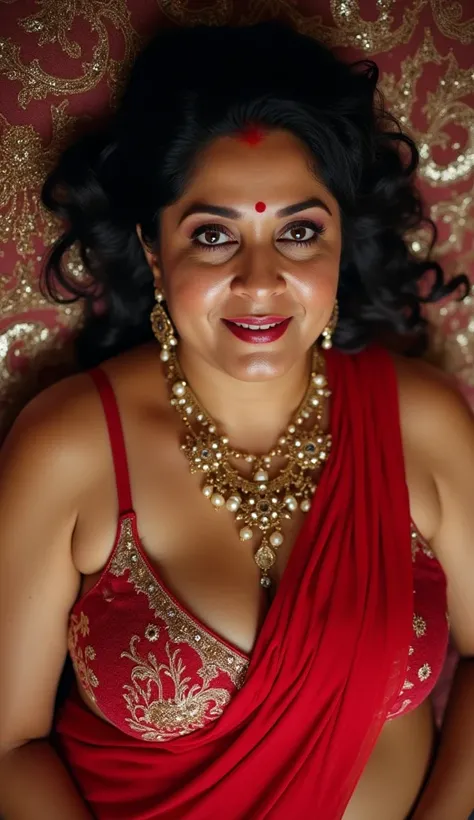 Top full body view from celling, A 50 year old matured married milf indian aunty with 75kh weight, brown indian skin with completely sweaty hairs, she is wearing a high- fashin brand bra and panty with detailed jewelry, wearing a red small bindi between he...