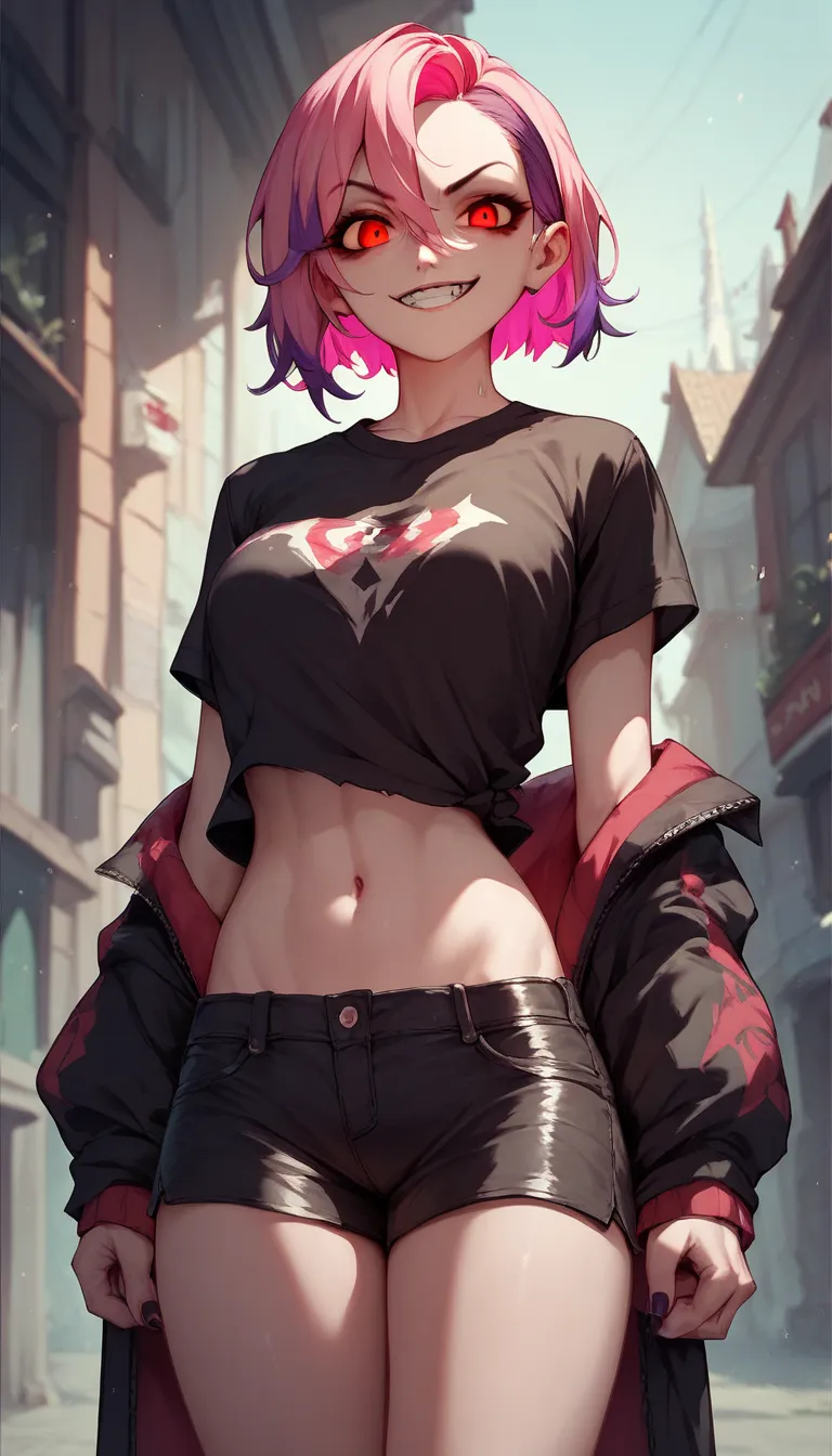 girl with evil smile with long pink hair with purple highlights with red eyes and black short shirt and black shorts